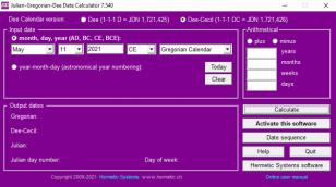 Julian-Gregorian-Dee Date Calculator main screen