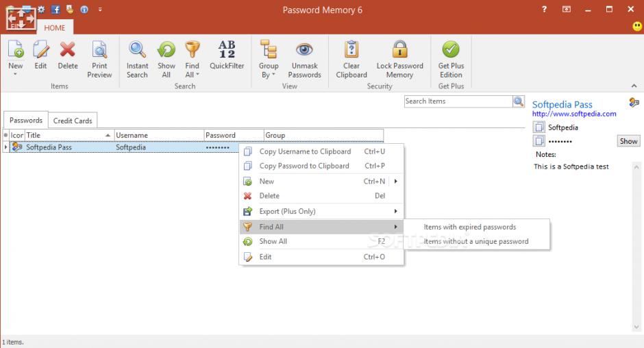 Password Memory main screen