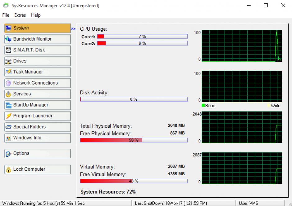 SysResources Manager main screen