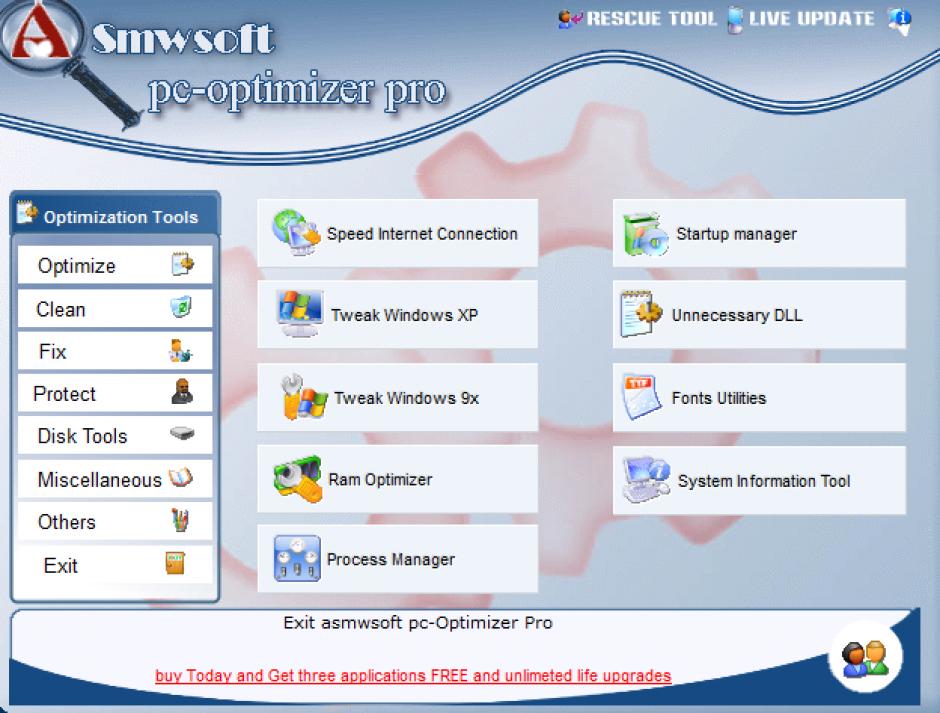 Asmw PC-Optimizer Pro main screen