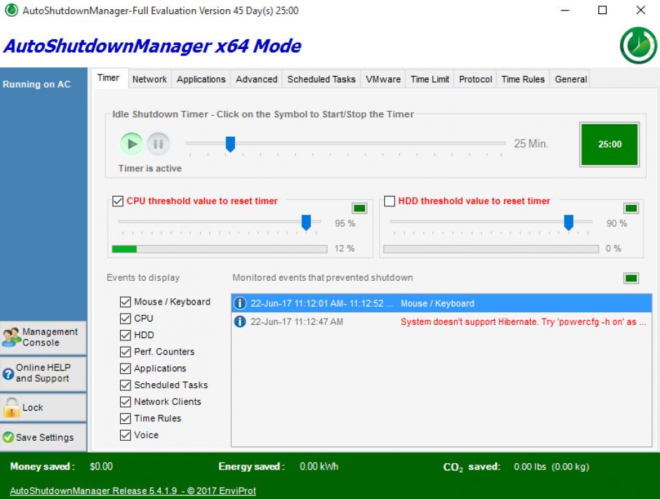 Auto Shutdown Manager main screen