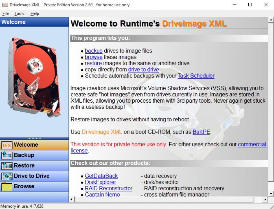 DriveImage XML main screen