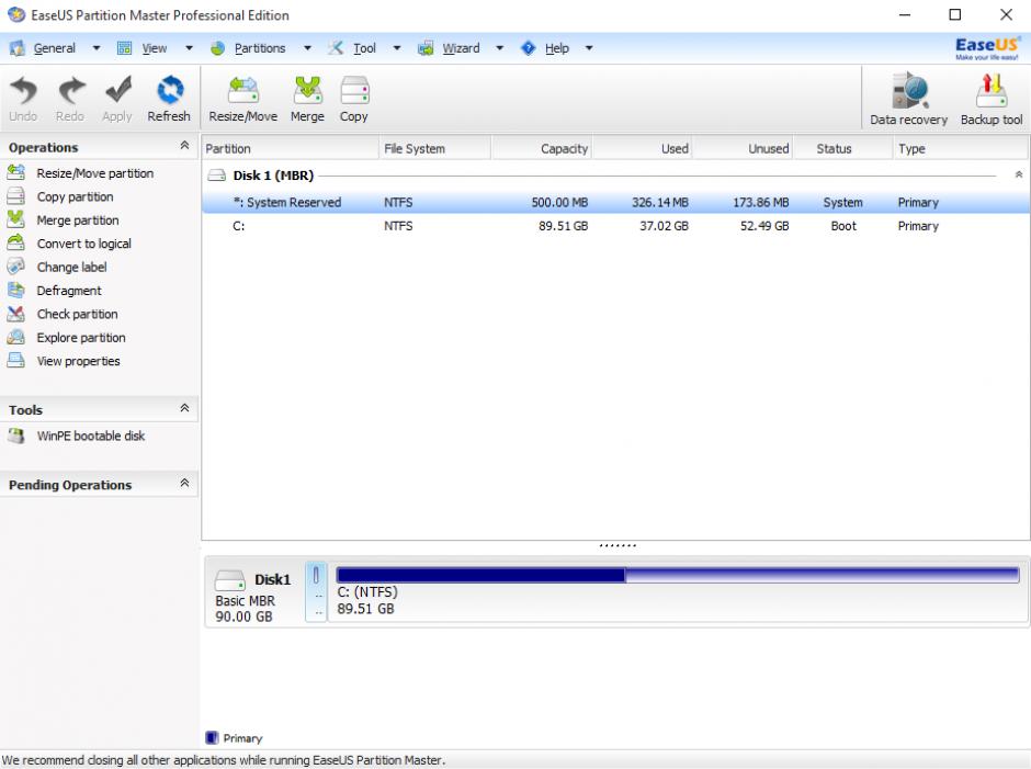 EaseUS Partition Master Professional main screen