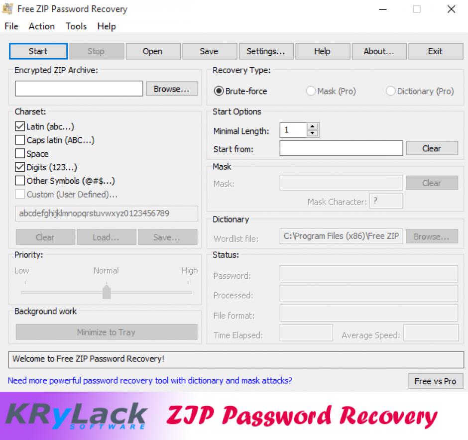 Free ZIP Password Recovery main screen