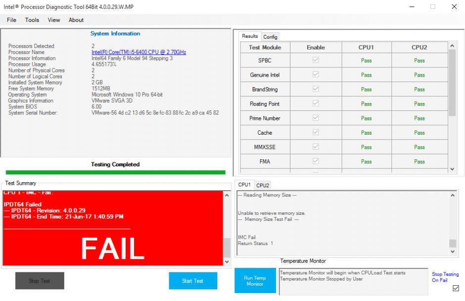 Intel Processor Diagnostic Tool main screen