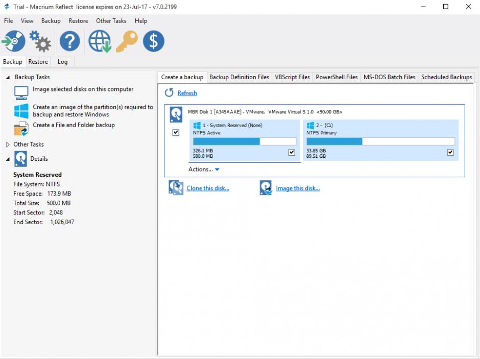 Macrium Reflect Workstation Edition main screen