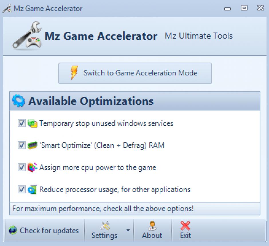 Mz Game Accelerator main screen