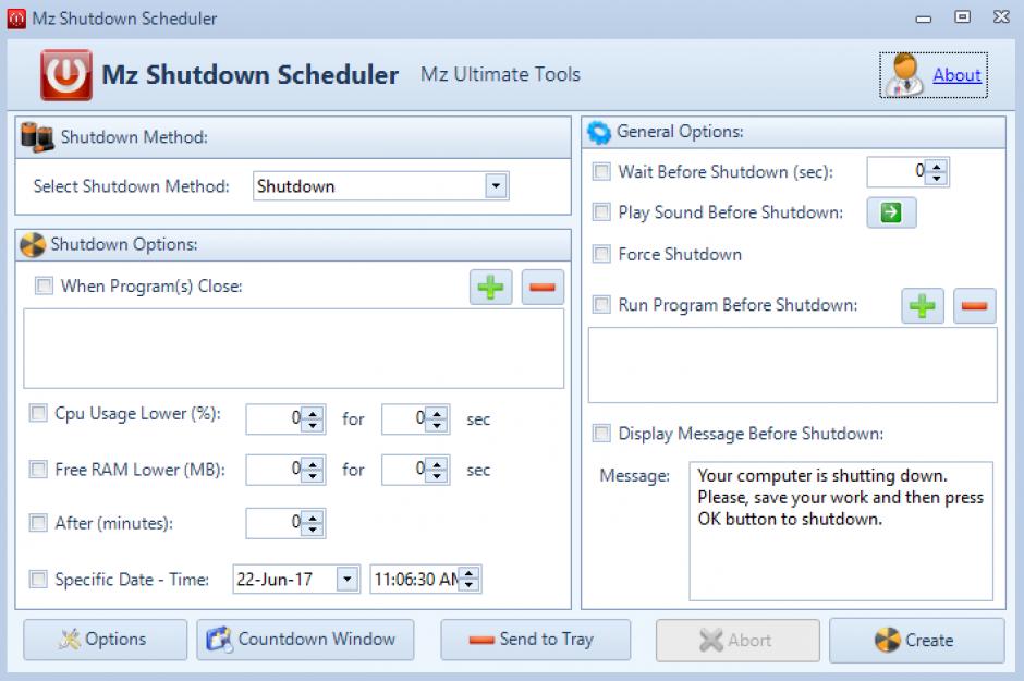 Mz Shutdown Scheduler main screen