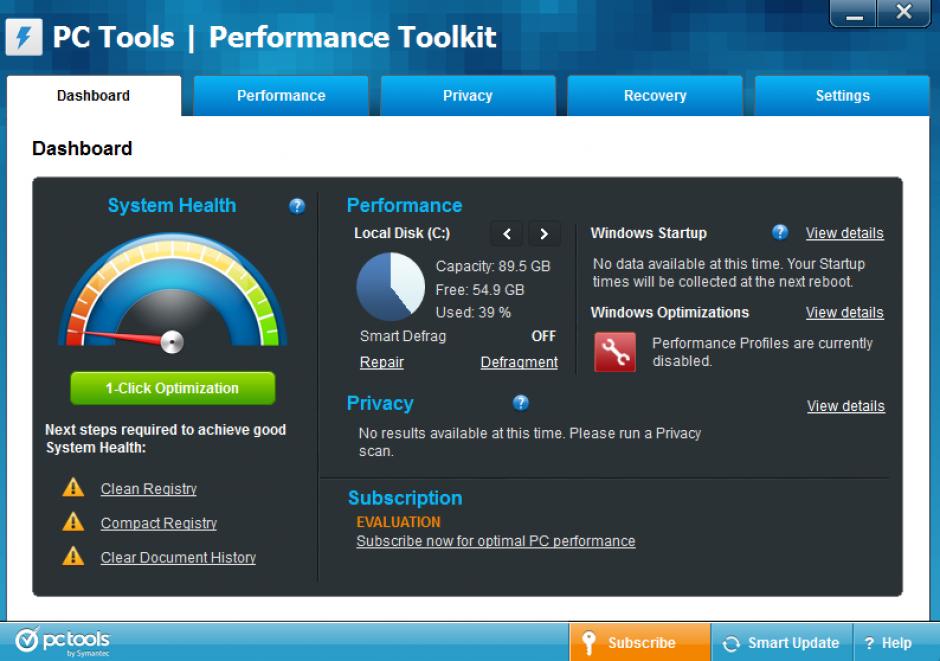 PC Tools Performance Toolkit main screen