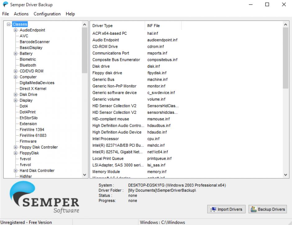 Semper Driver Backup main screen