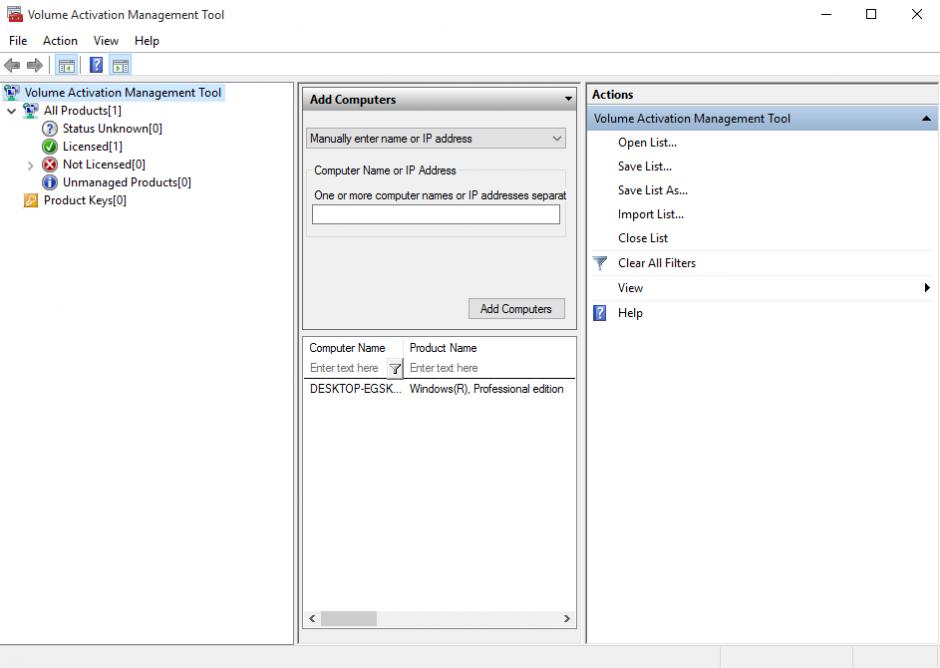 Volume Activation Management Tool main screen