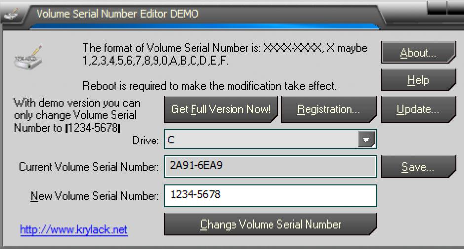 Volume Serial Number Editor main screen