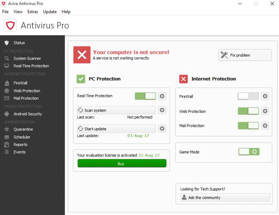Avira Antivirus Pro main screen