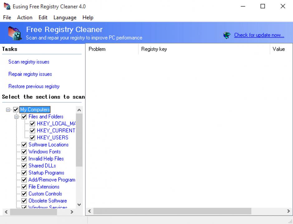 Eusing Free Registry Cleaner main screen