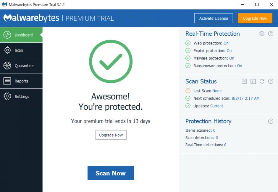 Malwarebytes main screen