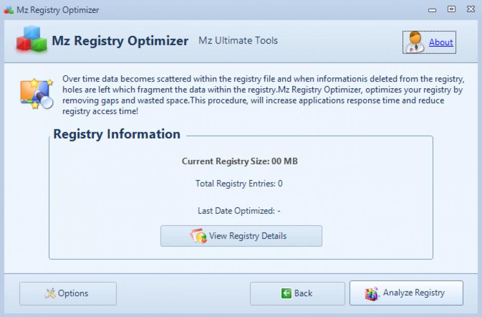 Mz Registry Optimizer main screen