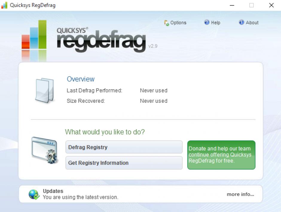 Quicksys RegDefrag main screen