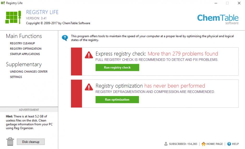 Registry Life main screen