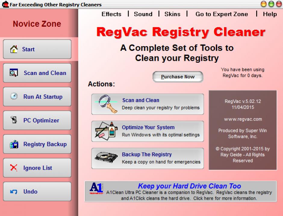 RegVac Registry Cleaner main screen