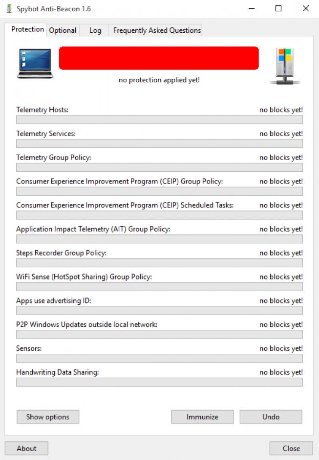 Spybot Anti-Beacon main screen