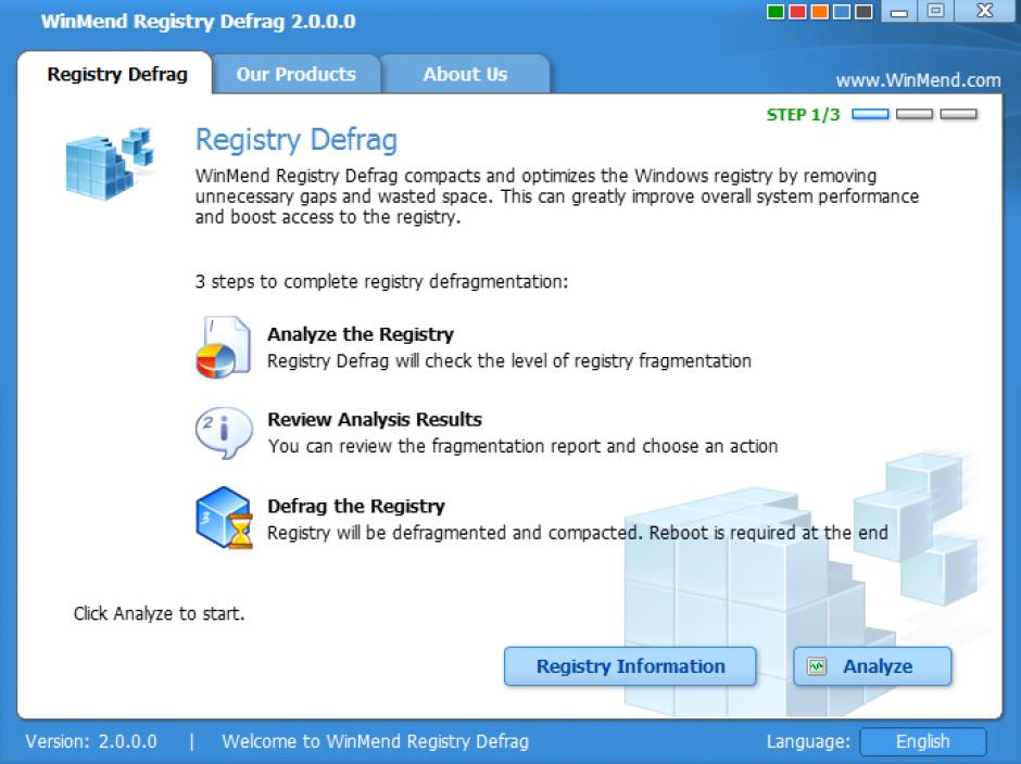 WinMend Registry Defrag main screen