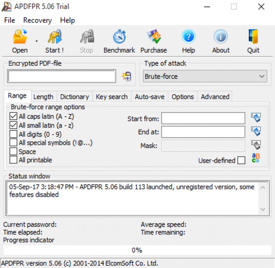 Advanced PDF Password Recovery Pro main screen