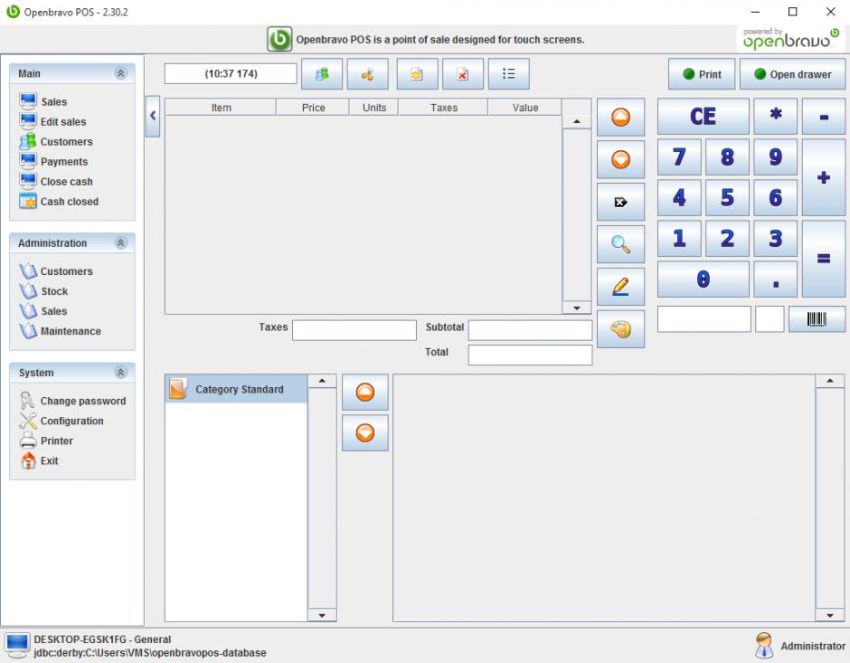 Openbravo POS main screen