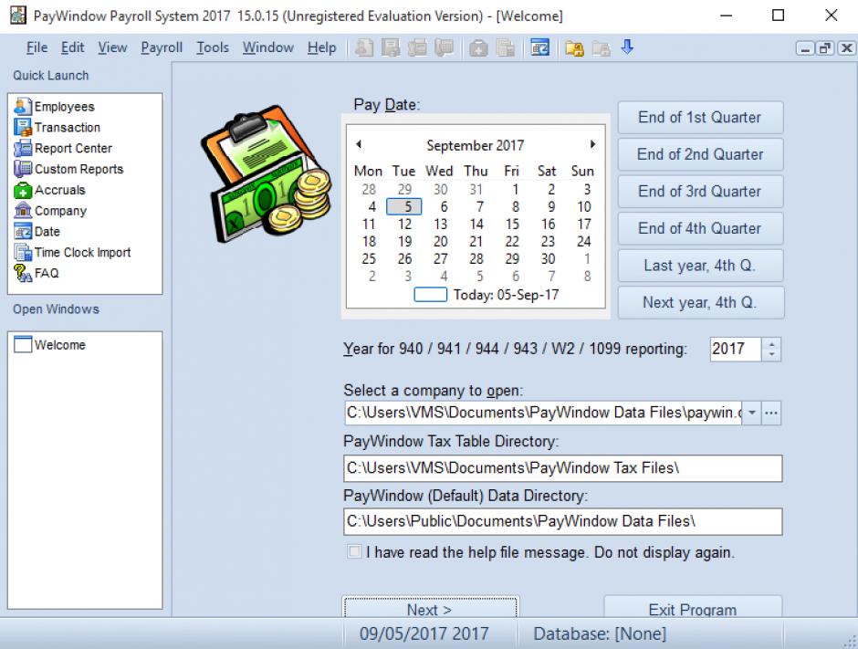 PayWindow Payroll main screen