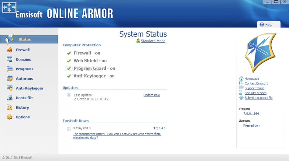 Online Armor main screen