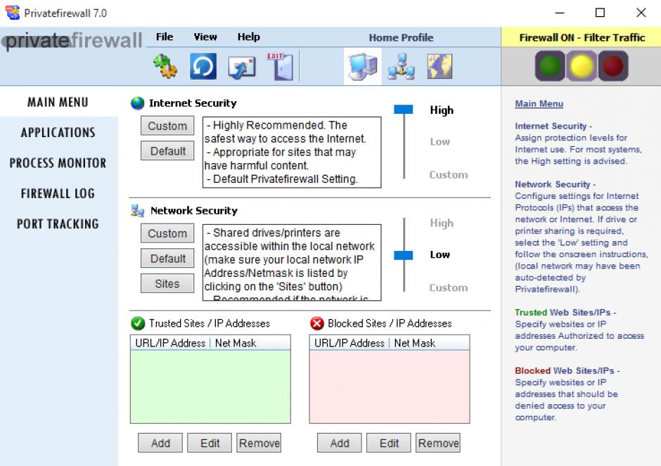 Privatefirewall main screen