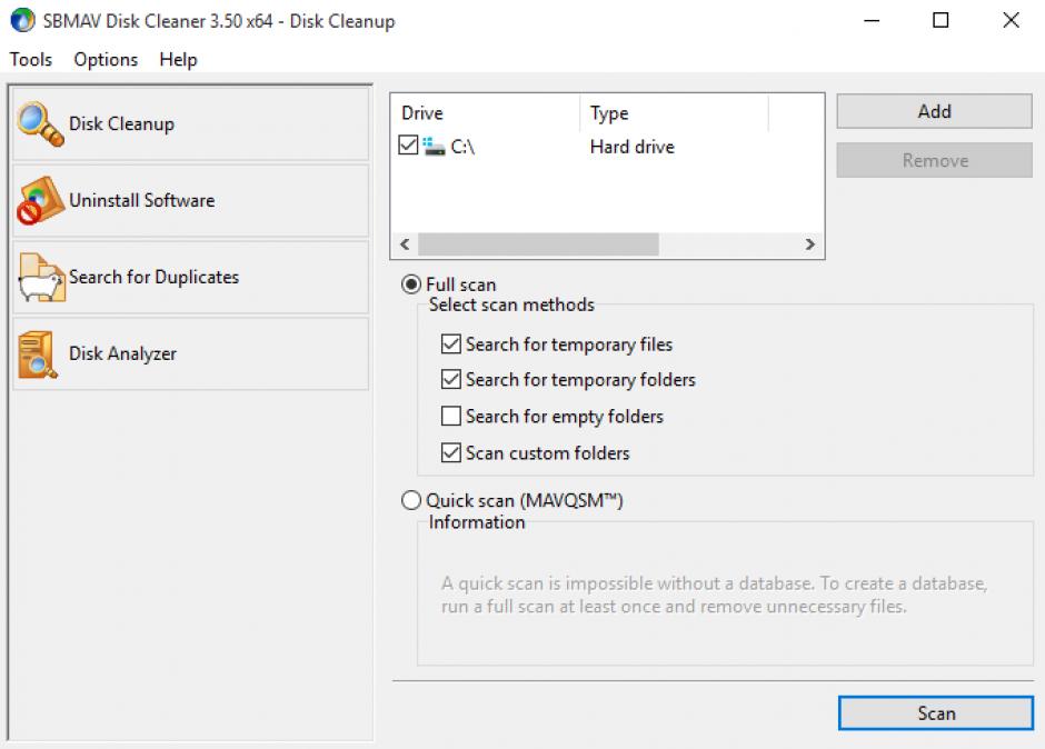 SBMAV Disk Cleaner main screen