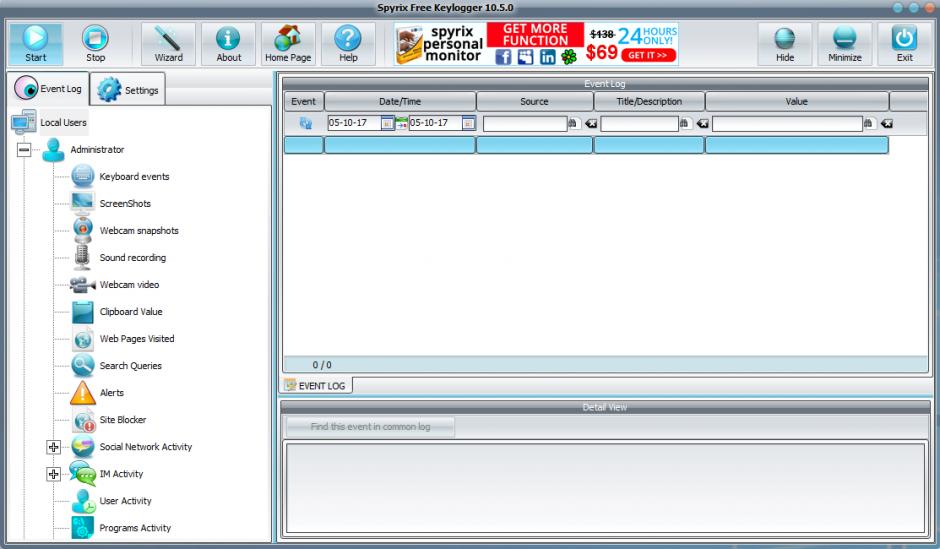 Spyrix Free Keylogger main screen