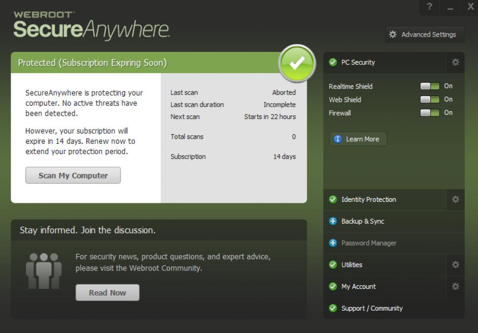 Webroot SecureAnywhere main screen