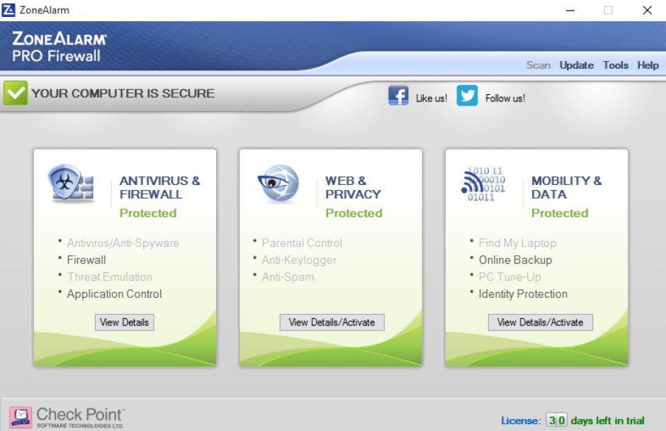 ZoneAlarm Pro Firewall main screen