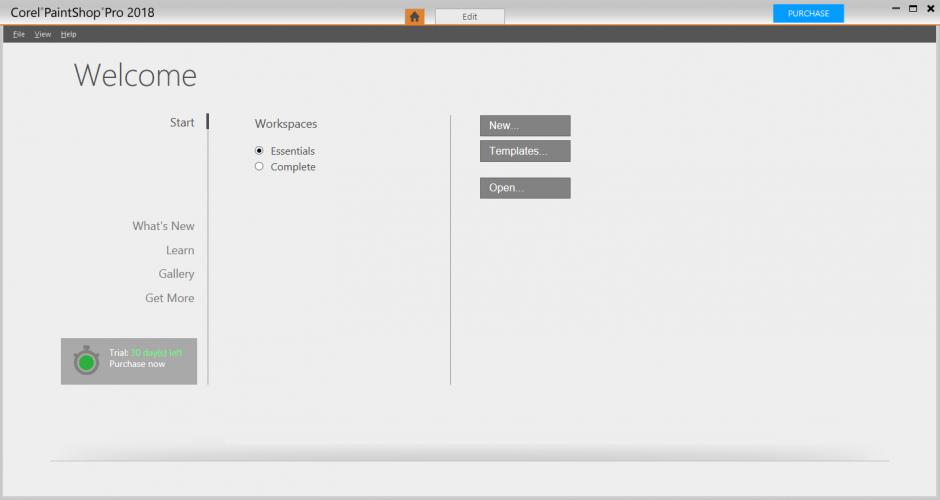 Corel PaintShop Pro 2018 main screen
