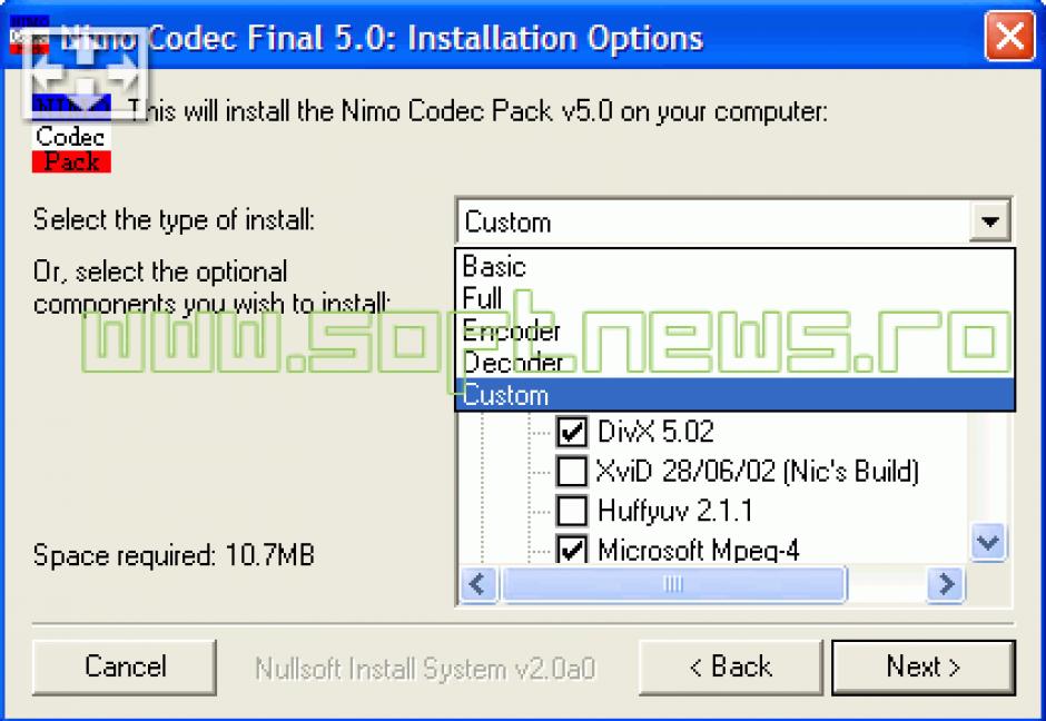 Nimo Codec Pack main screen