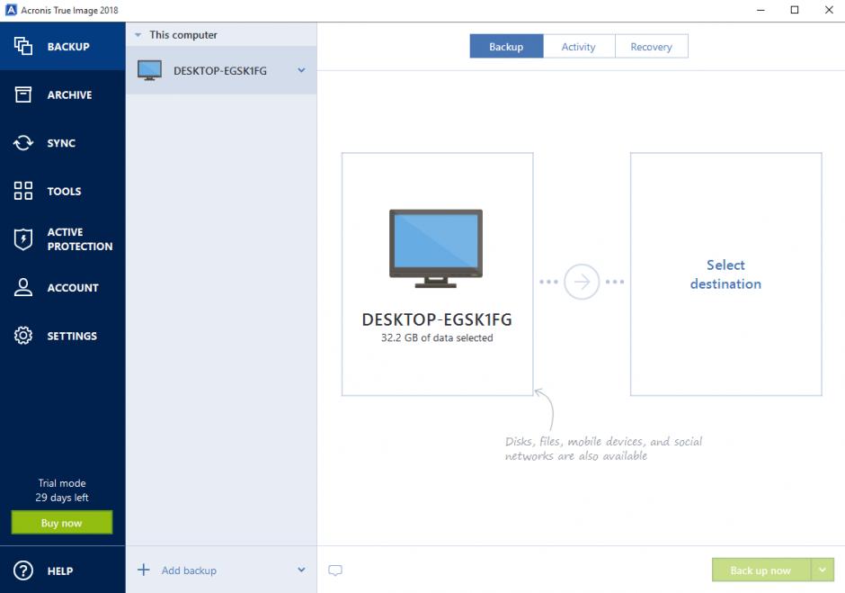 Acronis True Image 2018 main screen