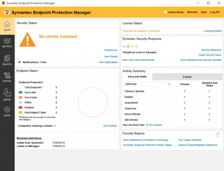 Symantec Endpoint Protection Manager main screen