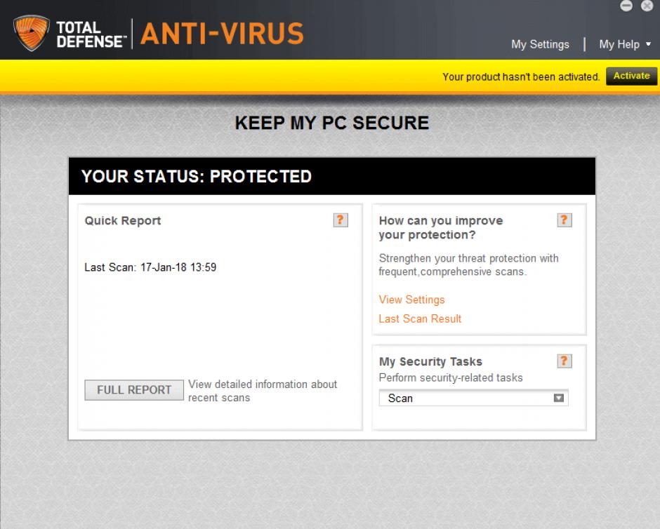 Total Defense Anti-Virus main screen