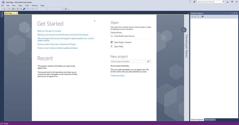 Microsoft Visual Studio Professional 2017 main screen