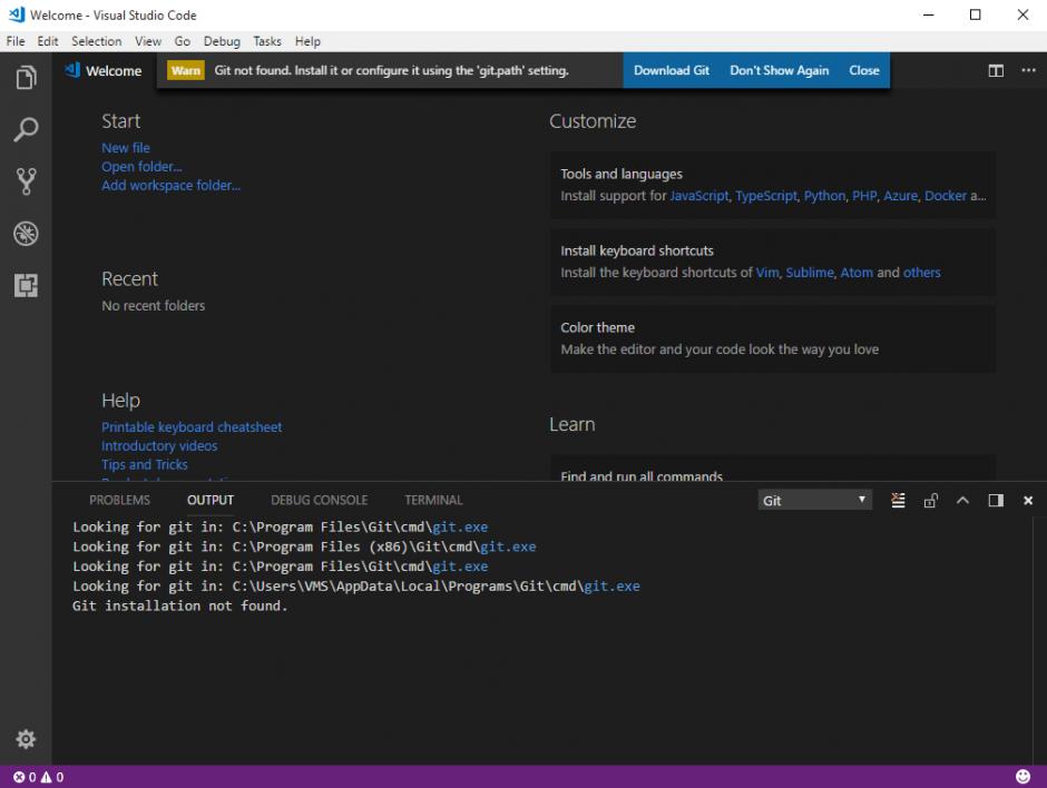 Visual Studio Code main screen