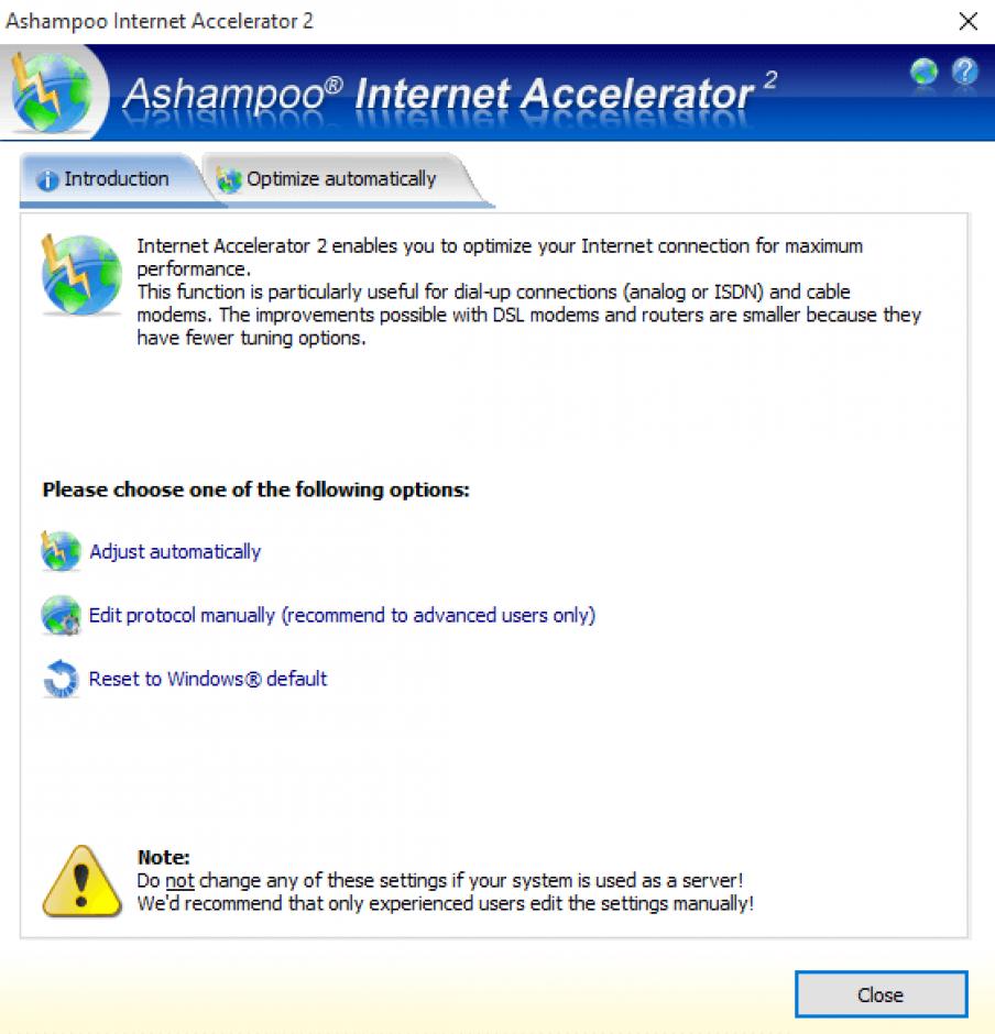 Ashampoo Internet Accelerator main screen