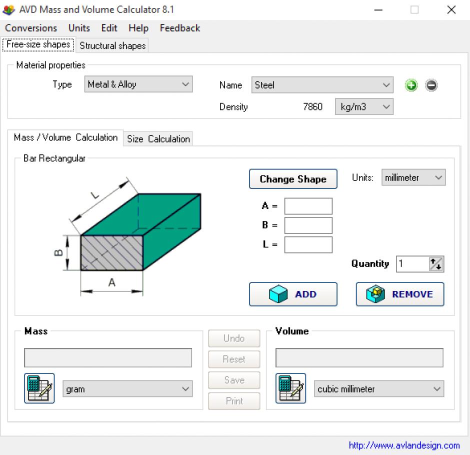 AVD Mass and Volume Calculator main screen