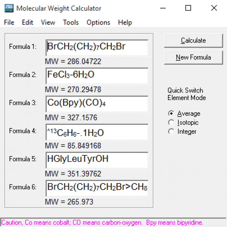 Molecular Weight Calculator main screen