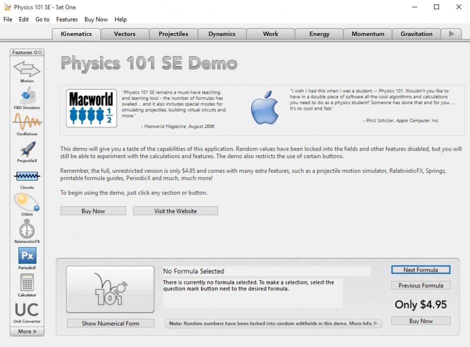 Physics 101 SE main screen