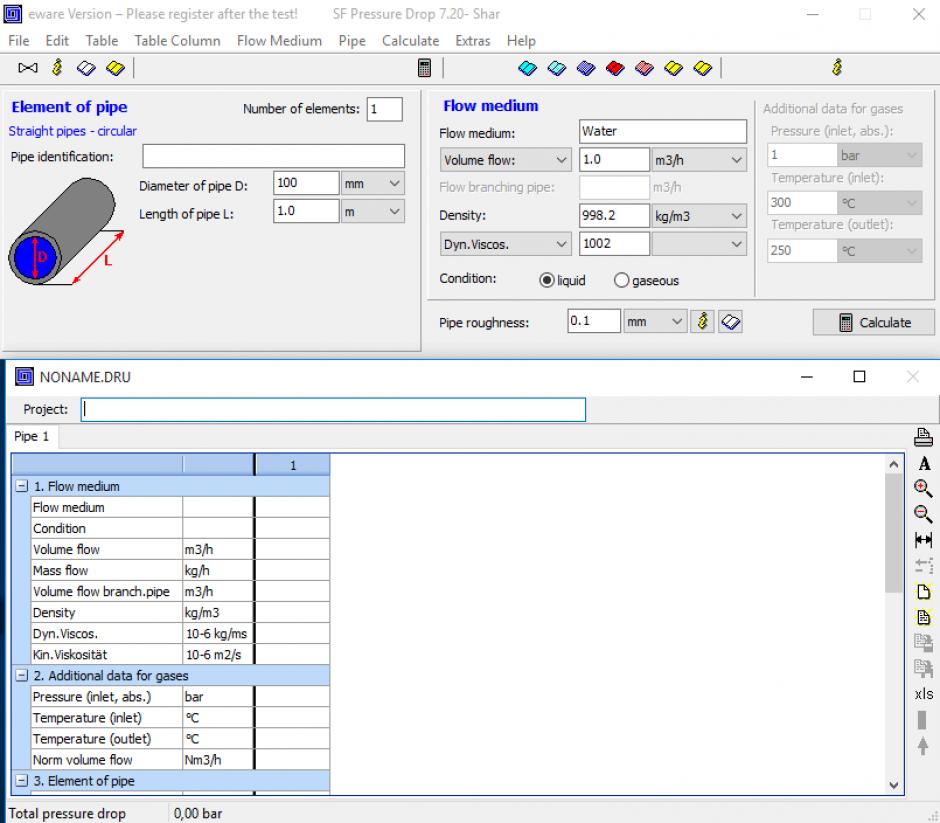 SF Pressure Drop main screen