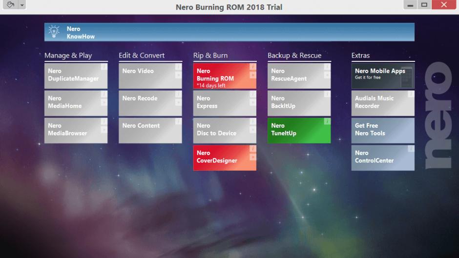 Nero Burning ROM 2018 main screen