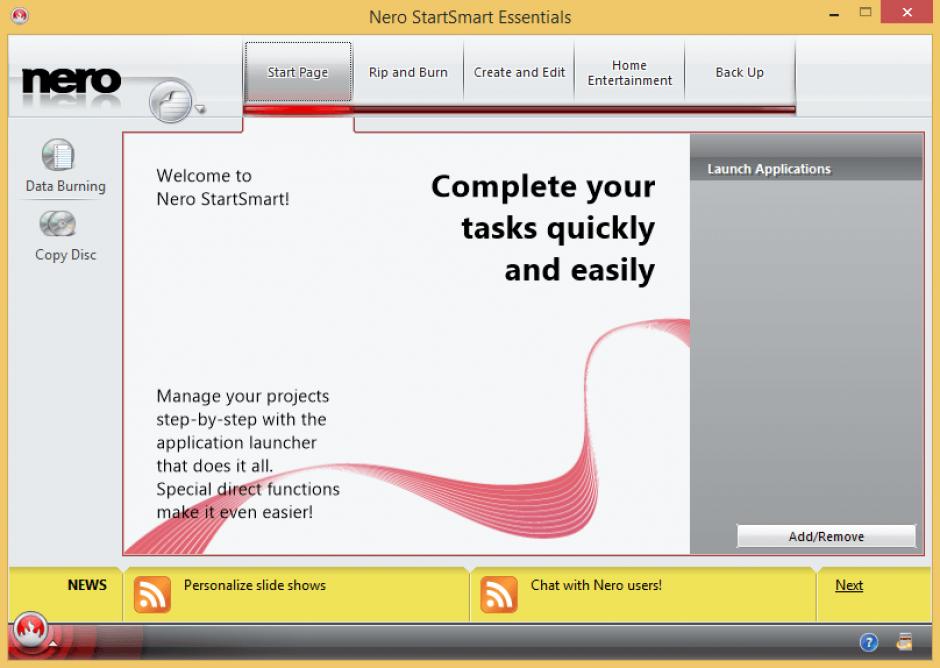 Nero StartSmart Essentials main screen