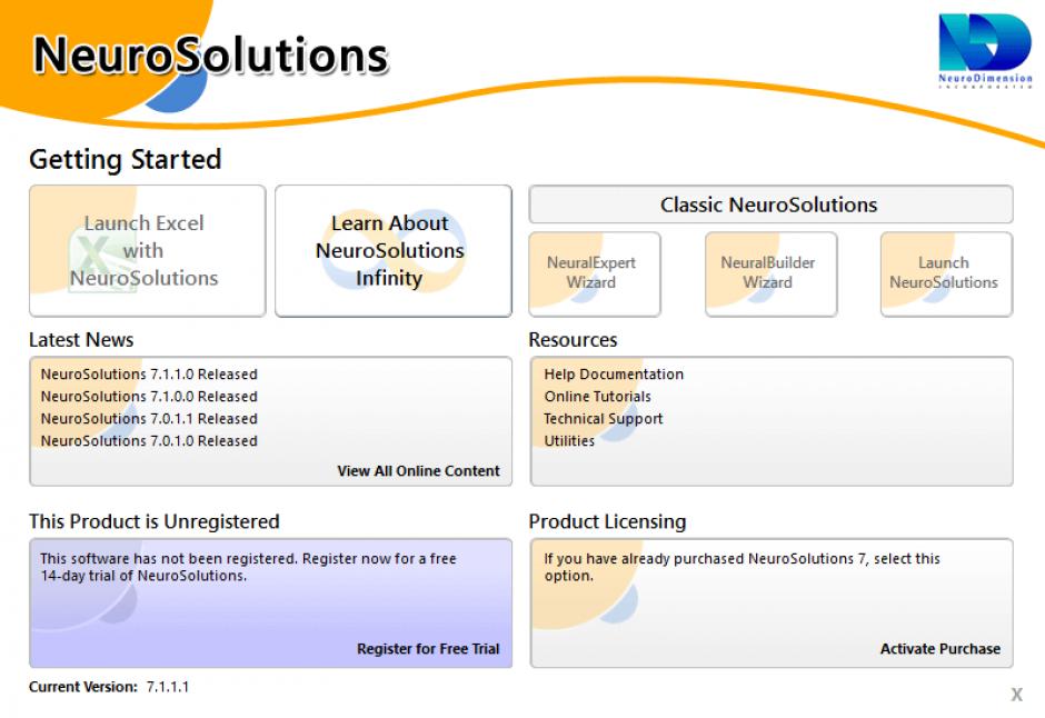 NeuroSolutions main screen