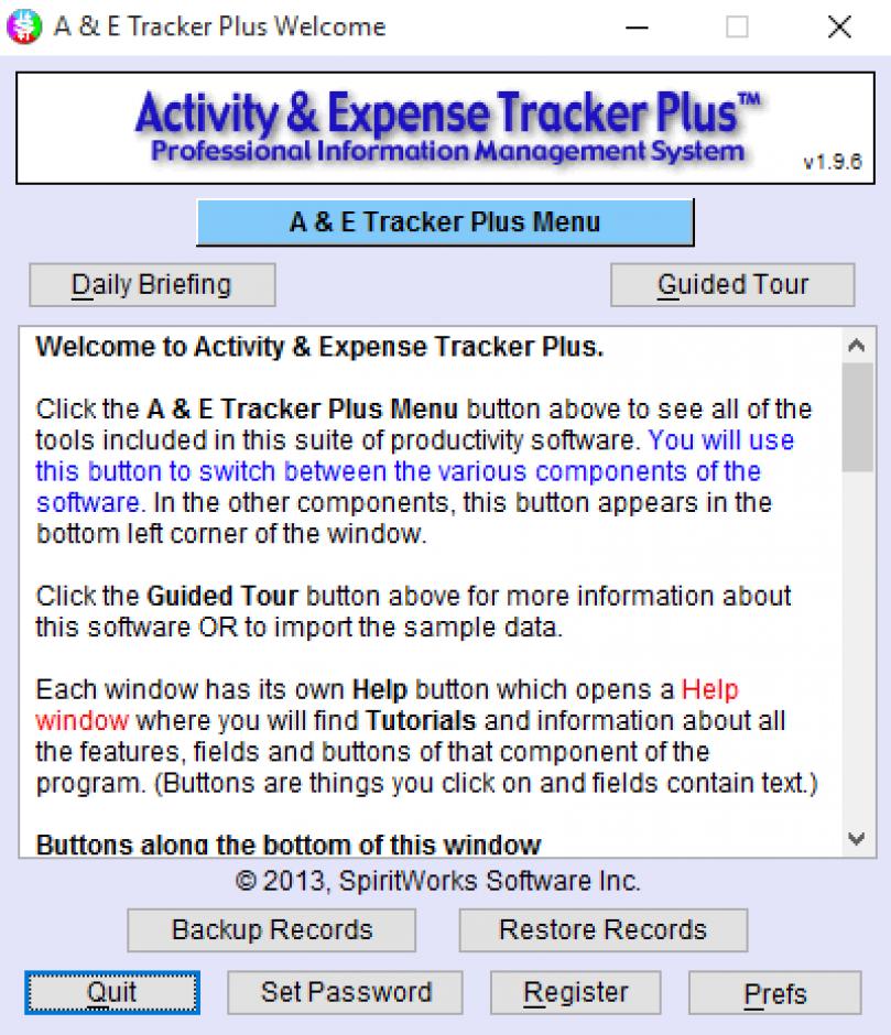 Activity & Expense Tracker Plus main screen